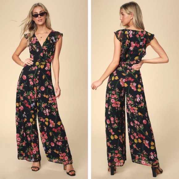 Lulus Pants - NWT Lulu's Blooming Love Floral Print Ruffled Jumpsuit Black